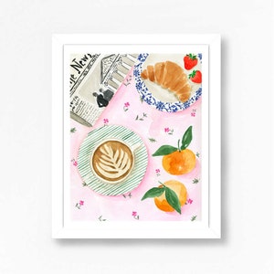 Coffee Art Print, Coffee Bar Art, Croissant Print, Breakfast Nook Art, Watercolor Coffee Art Print, Coffee Lovers Gift, Kitchen Art