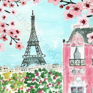 Paris Eiffel Tower Art Print Travel Paris Wall Decor Pink Trees Colorful Floral Flowers Map Painting Illustration Girls Wall Room Decor image 8