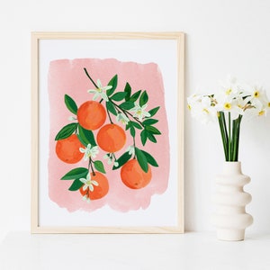 Oranges Orange Clementine Citrus Fruit Blue Rustic Cottage Kitchen Watercolor Gouache Painting Art Print Food Wall Art Decor Farmhouse