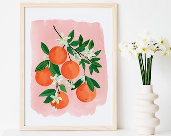 Oranges Orange Clementine Citrus Fruit Blue Rustic Cottage Kitchen Watercolor Gouache Painting Art Print Food Wall Art Decor Farmhouse