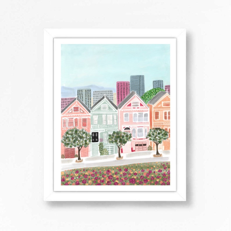 San Fransisco Art, San Fransisco Print, San Fransisco Poster, San Fransico Painting, Decor Painted Ladies Colorful Houses Travel Cityscape image 2