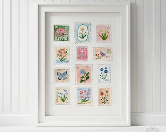 Vintage Floral Stamps, Vintage Floral Stamp Art Print, Vintage Stamp Art, Stamp print, Stamp Poster, Vintage Stamp Collection, Floral Stamp