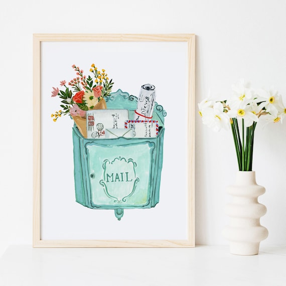 Home Office Art Watercolor Mail Mailbox Vintage Antique Farmhouse Flowers Entryway Mudroom Print Painting Illustration Girls Room Decor