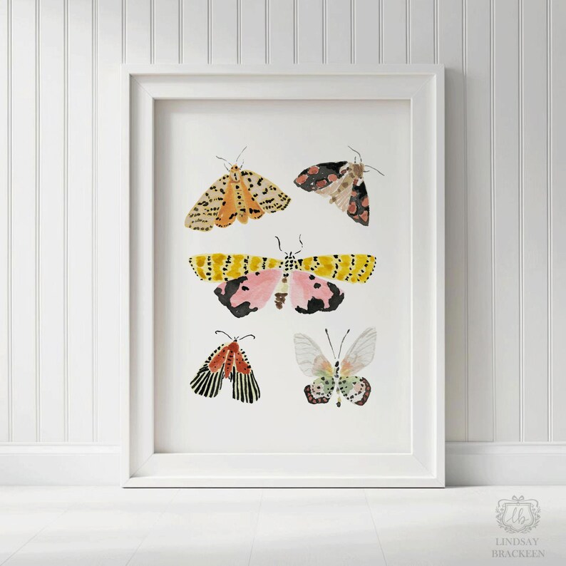 Puede incluir: Una l&aacute;mina art&iacute;stica enmarcada con cinco ilustraciones en acuarela de polillas y mariposas. Los insectos muestran varios patrones y colores, incluyendo amarillo, rosa, negro, naranja y blanco, dispuestos sobre un fondo blanco liso.
