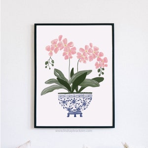 Orchid Pink Orchids Flower Art Print Navy Blue White Vase Plants Floral Flowers Painting GingerJar Delft Pottery Modern Wall Decor Farmhouse