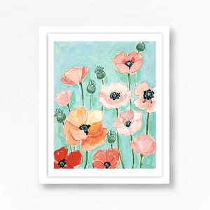 Bouquet Floral Flowers Art Print Mixed Media Poppy Poppies Iceland Blue Pink Girls Nursery Bohemian Peach Aqua Wall Art Decor Farmhouse