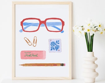 Office Wall Decor Home Office Glasses Pencils Eraser Desk Collection Vintage Stamp DormTeen Art Print Wall Art Decor Girls Room Painting