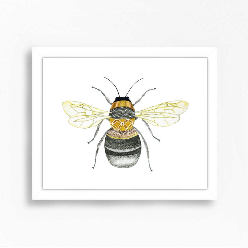 Bee Art Print Bumblebee Honey Bee Entomology Bug Insect Children's Kids Baby Wall Nursery Decor Nature Woodland Yellow Watercolor Painting image 2