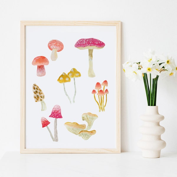 Mushroom Mushrooms Fungi Shrooms Art Print Cottagecore Fairycore Retro Boho Hippie Colorful Woodland Watercolor Bohemian Modern Wall Decor