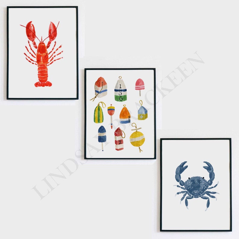 Lobster Buoys Crab Print Set Nautical Beachy Sea Side Coastal Living Wall Art Print Watercolor Blue Painting Boys Room Decor Sailing Buoy image 2