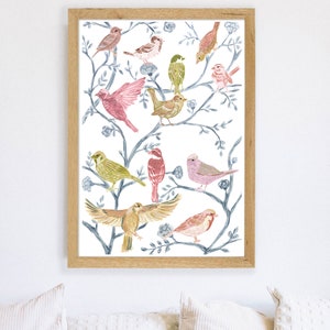 Chinoiserie oiseau Art Illustration chambre de filles fleurs bleu blanc volière ferme aquarelle impression peinture décoration murale féminin oiseaux gouache