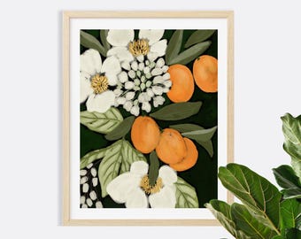 Oranges Orange Clementine Citrus Fruit Blue Rustic Cottage Kitchen Watercolor Gouache Painting Art Print Food Wall Art Decor Farmhouse