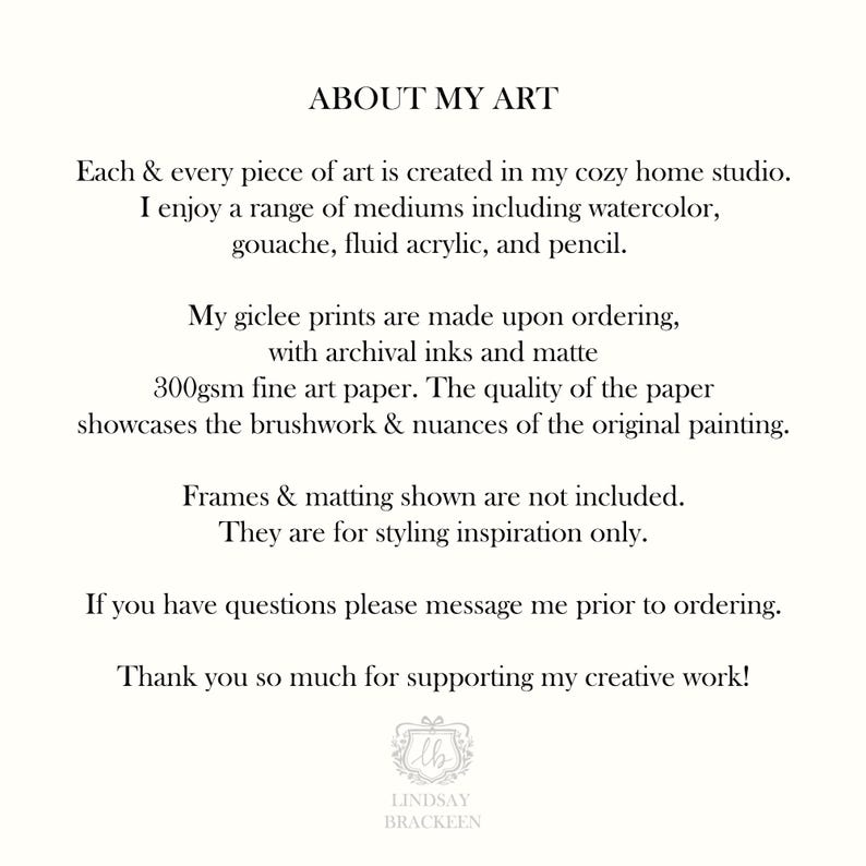 May include: A white background with black text describing the artist's methods and materials. The text mentions giclee prints, archival inks, and 300gsm fine art paper. The artist's logo and name are displayed at the bottom.