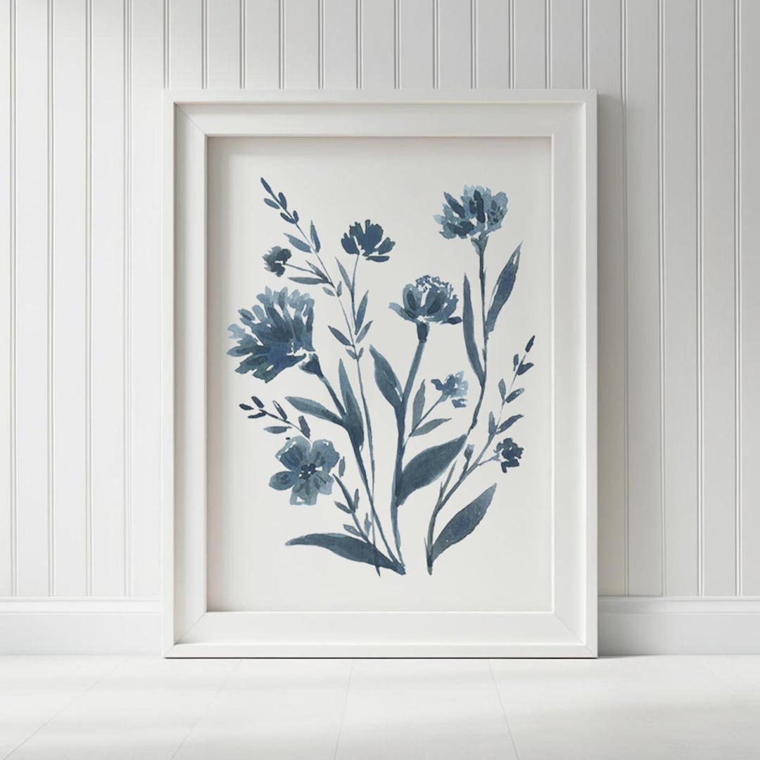 Blue Floral Botanical Art Print – Watercolor Flower Wall Art, Cottage ...