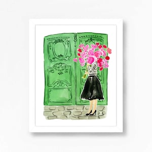 Paris Art Print Travel French Girl Wall Decor Peonies Green Ornate Door Colorful Floral Flowers Painting Illustration Girls Wall Room Decor