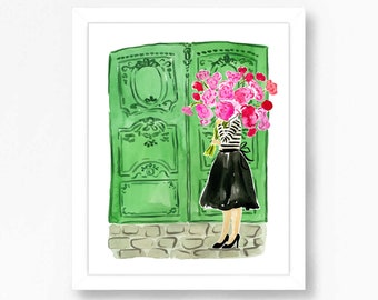 Paris Art Print Travel French Girl Wall Decor Peonies Green Ornate Door Colorful Floral Flowers Painting Illustration Girls Wall Room Decor