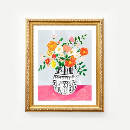 Bouquet Fleurs Florales Art Print Aquarelle Coquelicots Islande Noir Blanc Vase Filles Pépinière Boho Moderne Mur Art Décor Ferme