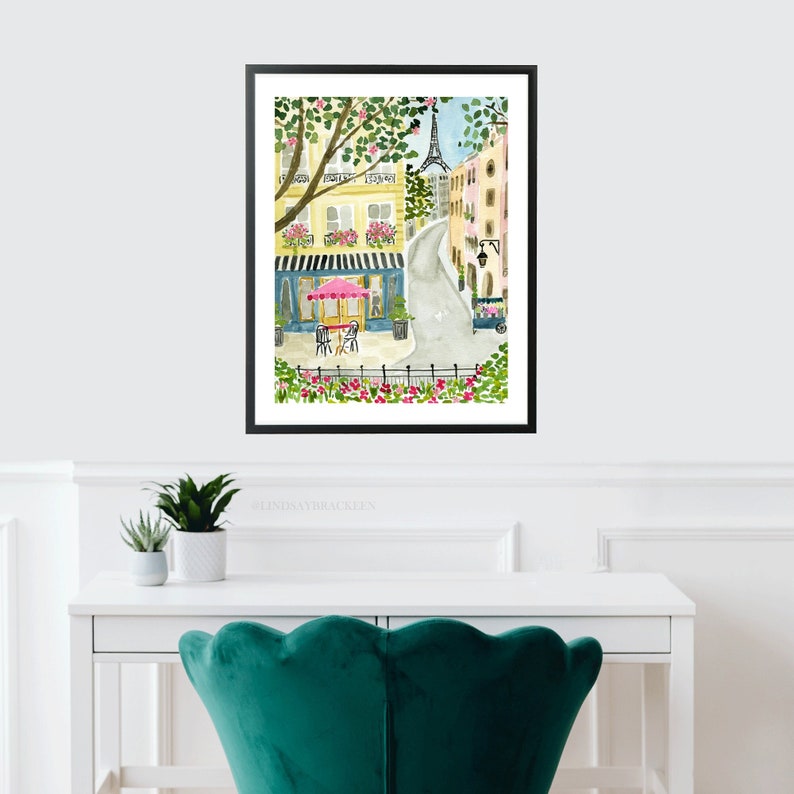 Paris Eiffel Tower Art Print Travel Paris Wall Decor Pink Trees Colorful Floral Flowers Map Painting Illustration Girls Wall Room Decor image 2