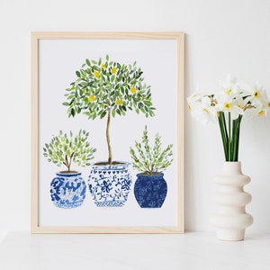 Lemon Lemons Tree Olive Navy Blue White Vase Plants Floral Flowers Art Print Ginger Jar Green Gouache Bohemian Modern Wall Decor Farmhouse image 4