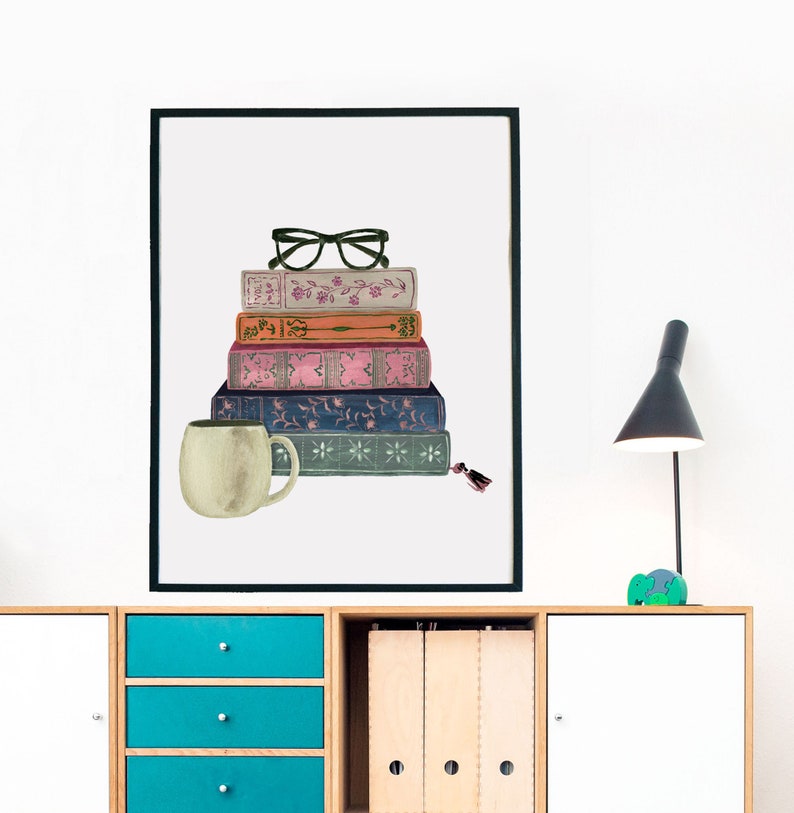 Stack of Books Vintage Book Wall Art Print Watercolor Bookshelf Read Painting Home Office Bookworm Library Reading Nook Coffee Cup Glasses image 6