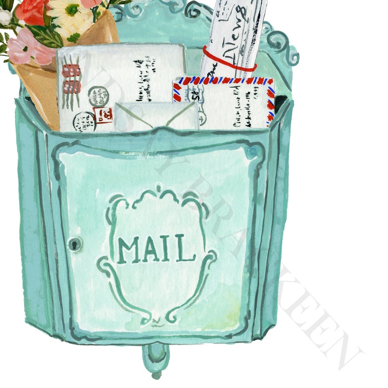 Home Office Art Watercolor Mail Mailbox Vintage Antique Farmhouse Flowers Entryway Mudroom Print Painting Illustration Girls Room Decor image 7