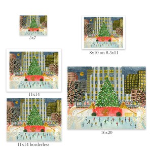 Puede incluir: Una pintura de acuarela de una escena de ciudad nevada con un gran &aacute;rbol de Navidad en el centro. El &aacute;rbol est&aacute; decorado con luces y adornos. Hay personas patinando sobre hielo frente al &aacute;rbol. La pintura est&aacute; en un marco de 40,6 x 50,8 cm.