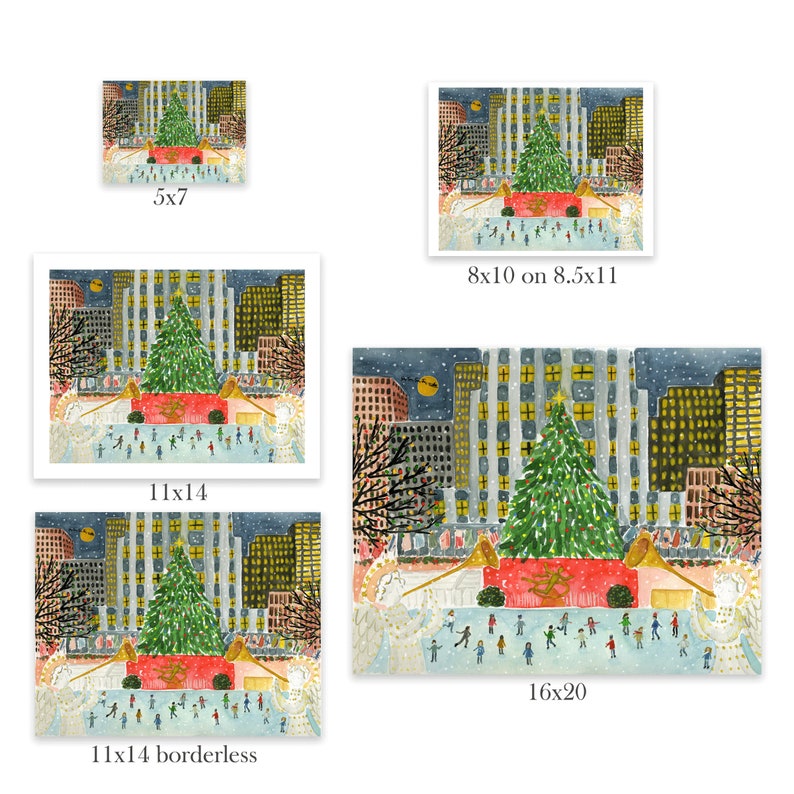 Puede incluir: Una pintura de acuarela de una escena de ciudad nevada con un gran &aacute;rbol de Navidad en el centro. El &aacute;rbol est&aacute; decorado con luces y adornos. Hay personas patinando sobre hielo frente al &aacute;rbol. La pintura est&aacute; en un marco de 40,6 x 50,8 cm.