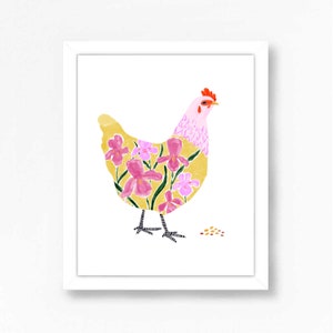 Chicken Art, Chicken Print, Chicken Decor, Chicken Art Print, Chicken Artwork, Chicken Painting, Colorful Floral Chicken Yellow Pink