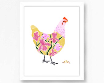 Chicken Art, Chicken Print, Chicken Decor, Chicken Art Print, Chicken Artwork, Chicken Painting, Colorful Floral Chicken Yellow Pink