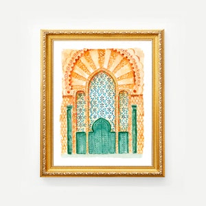 Morocco Casablanca Hassan Mosque Marrakesh Art Print Watercolor Travel Souvenir Ornate Tile Doors Painting Travel Inspired Wall Decor