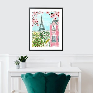 Paris Eiffel Tower Art Print Travel Paris Wall Decor Pink Trees Colorful Floral Flowers Map Painting Illustration Girls Wall Room Decor image 5