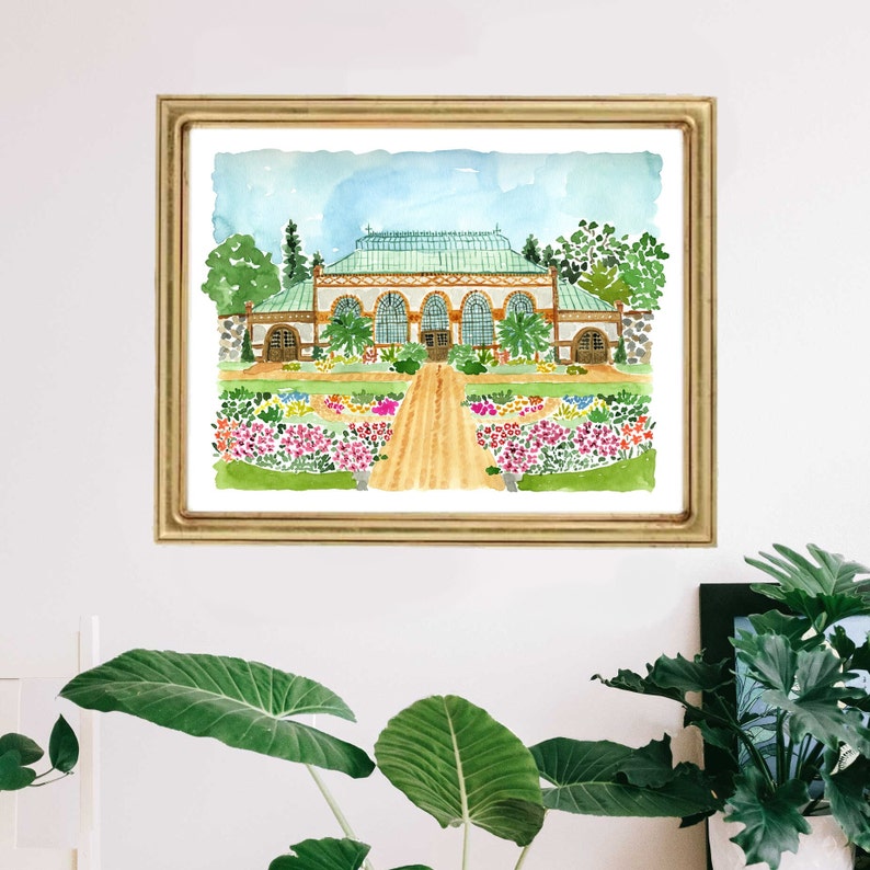 May include: Watercolour painting of a greenhouse with a green roof and white walls. The greenhouse is surrounded by a garden with colourful flowers.