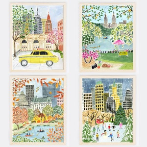 New York City Art Print Set,  Four Seasons in New York City, NYC Wall Decor, NYC Wall Art, New York City Landmarks, I Love New York Art