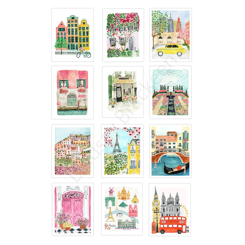 May include: A collection of twelve watercolor art prints featuring European cityscapes and landmarks. The prints showcase scenes of buildings, streets, and iconic structures like the Eiffel Tower and Big Ben, in a variety of colors.