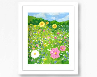 Floral Flowers Wildflowers Art Print Watercolor Illustration Cosmos Sunflowers Field Landscape Countryside Wall Art Decor Farmhouse Pink