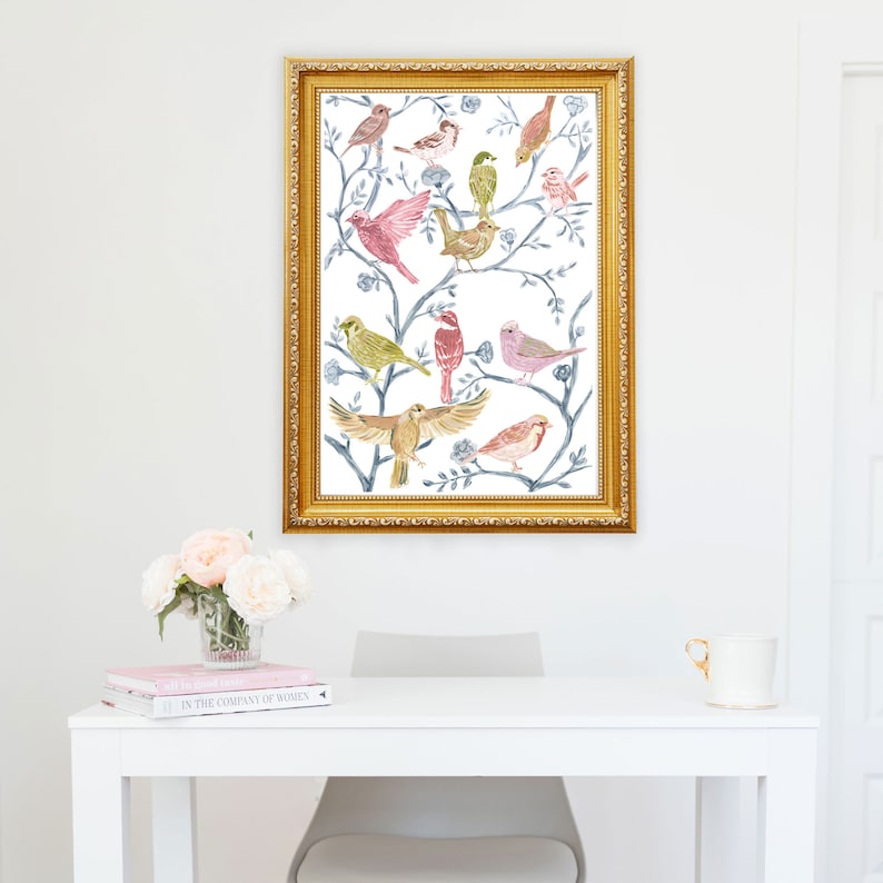 Chinoiserie Bird Art Illustration Girls Room Flowers Blue White Aviary Farm Watercolor Print Painting Wall Decor Feminine Birds Gouache image 2