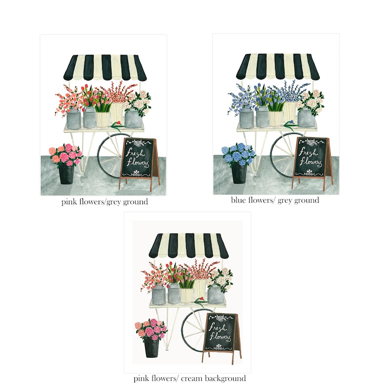 May include: A flower cart with a black and white striped awning, a wheel, and a chalkboard sign that says "Fresh Flowers". The cart is filled with pink flowers and there are pink flowers in a bucket on the ground. The background is grey.