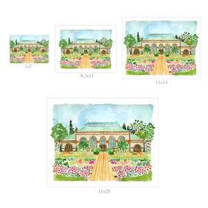 May include: A watercolour painting of a greenhouse with a green roof and arched windows. The greenhouse is surrounded by a garden with colourful flowers and a path leading to the entrance. The painting is set against a blue sky with white clouds.