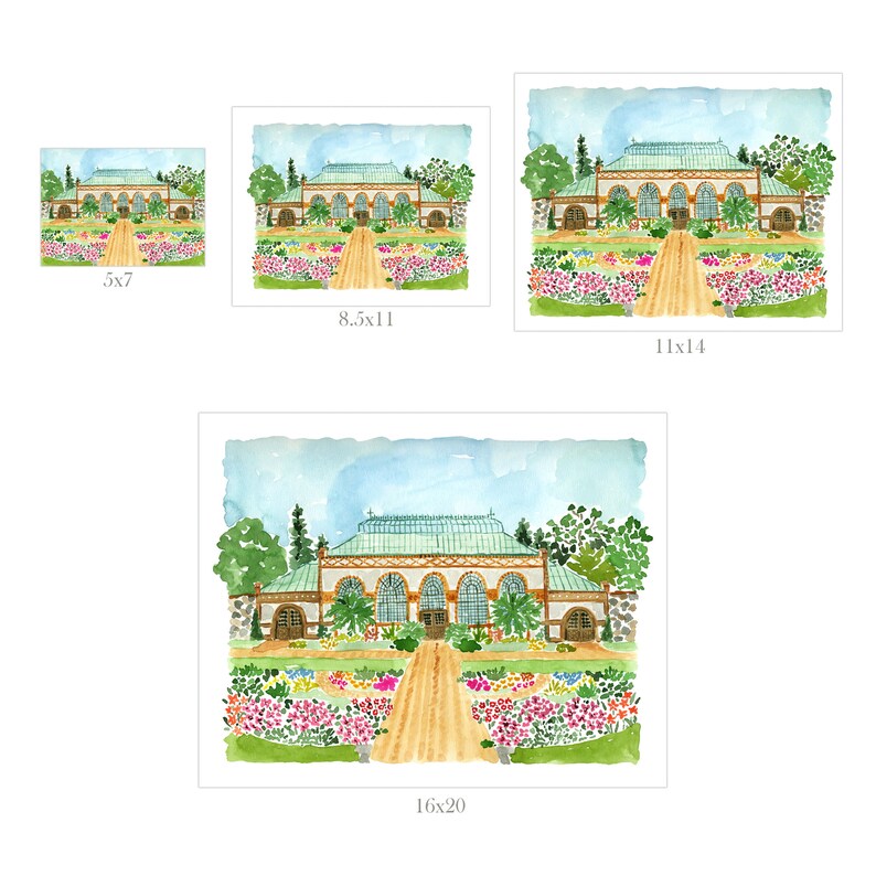 May include: A watercolour painting of a greenhouse with a green roof and arched windows. The greenhouse is surrounded by a garden with colourful flowers and a path leading to the entrance. The painting is set against a blue sky with white clouds.