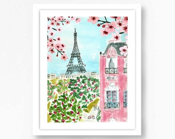 Paris Eiffel Tower Art Print Travel Paris Wall Decor Pink Trees Colorful Floral Flowers Map Painting Illustration Girls Wall Room Decor
