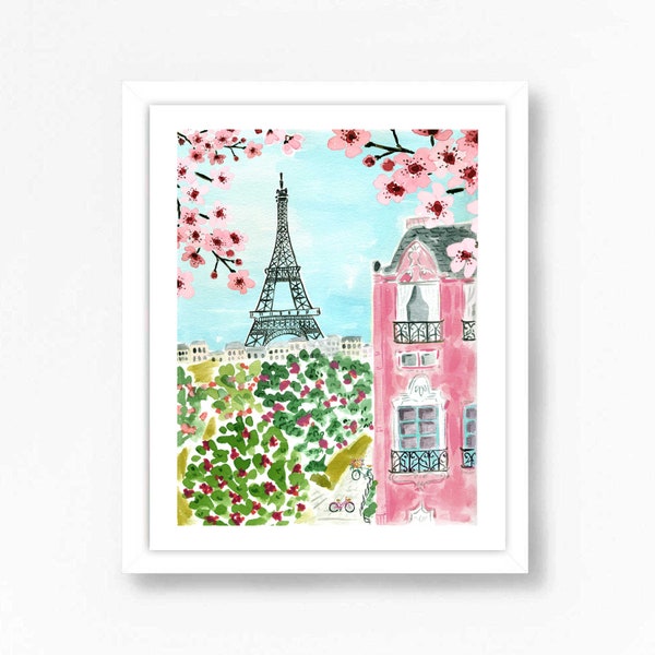 Paris Eiffel Tower Art Print Travel Paris Wall Decor Pink Trees Colorful Floral Flowers Map Painting Illustration Girls Wall Room Decor