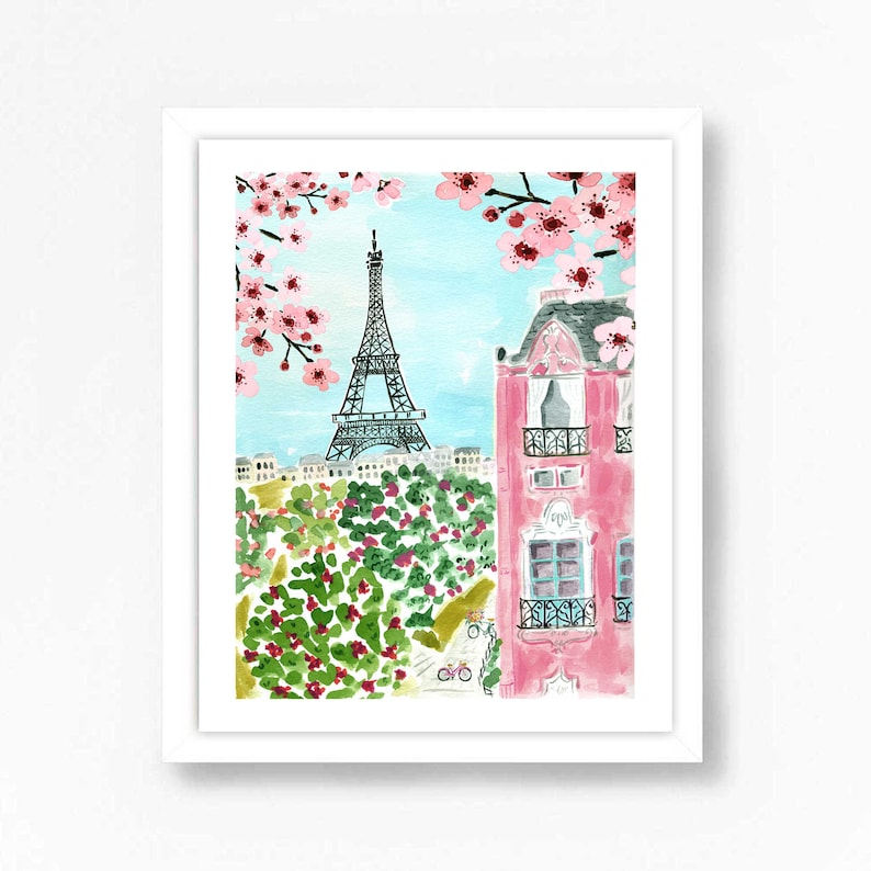 Paris Eiffel Tower Art Print Travel Paris Wall Decor Pink Trees Colorful Floral Flowers Map Painting Illustration Girls Wall Room Decor image 1