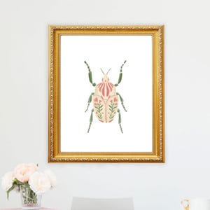 Pink and Green Beetle Art Print – Colorful Insect Wall Art, Nature Illustration, Entomology Decor, Bug Artwork, Boho Botanical Print