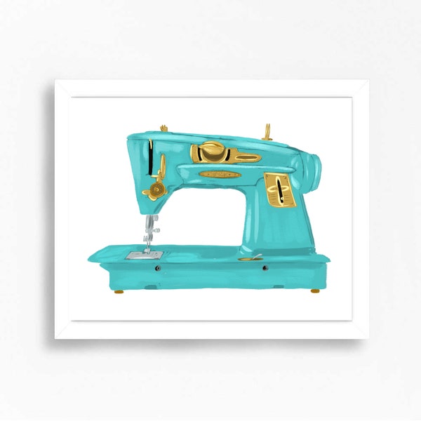 Vintage Sewing Machine Art Print Retro Craft Sewing Room Wall Decor Turquoise Mid Century Modern Vintage Style Fashion Prints Sewing Gift