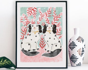 Staffordshire Dog Dogs Figurines Watercolor Colorful Art Print Painting Floral Flowers Bohemian Southern Style Nursery Girls Wall Decor