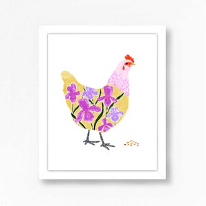 Chicken Art, Chicken Print, Chicken Decor, Chicken Art Print, Chicken Artwork, Chicken Painting, Colorful Floral Chicken Yellow Lilac