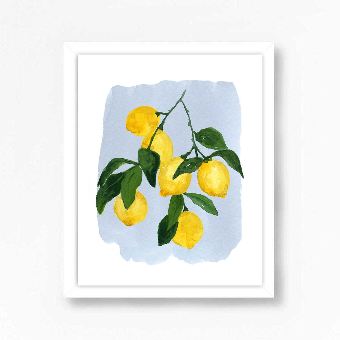 Lemon Lemons Art Citrus Fruit Kitchen Watercolor Blue Painting Print ...