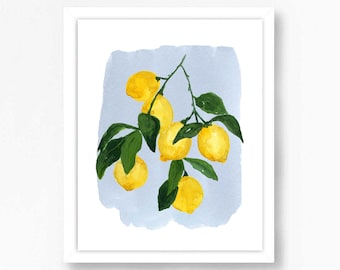 Lemon Lemons Art Citrus Fruit Kitchen Watercolor Blue Painting Print Food Wall Decor Farmhouse Illustration Artwork Dining Breakfast Nook