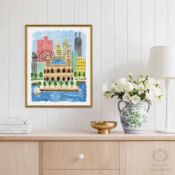 Chicago Navy Pier Art Print Chicago Wall Decor Ferris Wheel Travel Cityscape Chicago Skyline Architecture Watercolor Painting Illustration