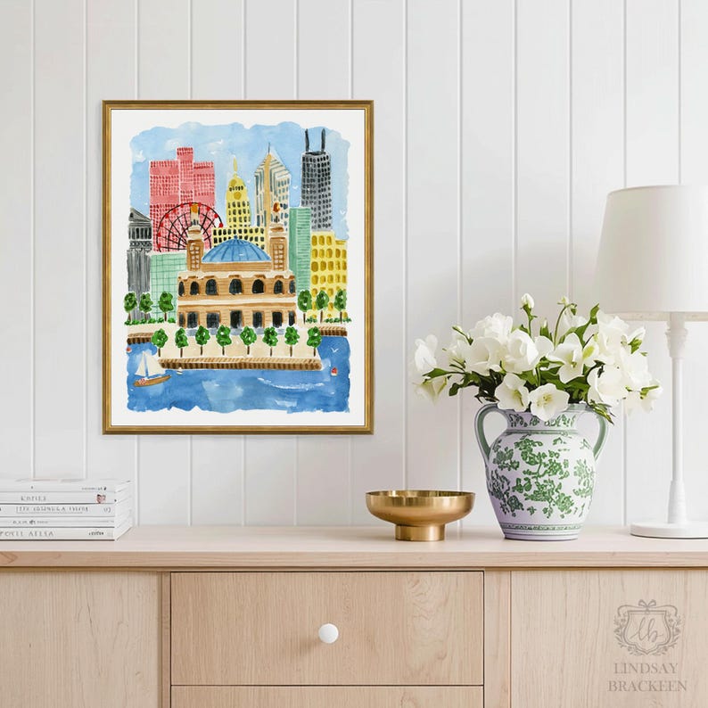 Chicago Navy Pier Art Print Chicago Wall Decor Ferris Wheel Travel Cityscape Chicago Skyline Architecture Watercolor Painting Illustration image 1
